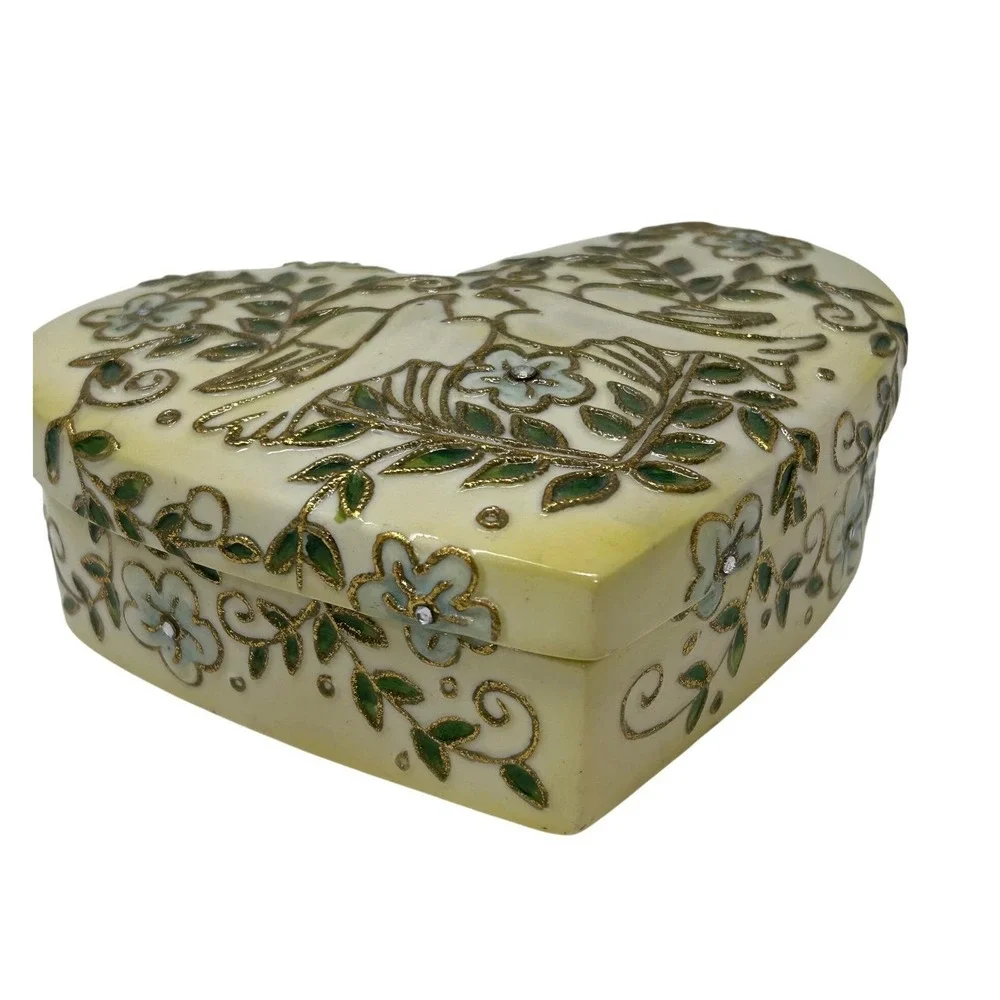 Roman Inc Heart Musical Jewelry Box Doves Floral Ceramic Cloisonné Vintage Works